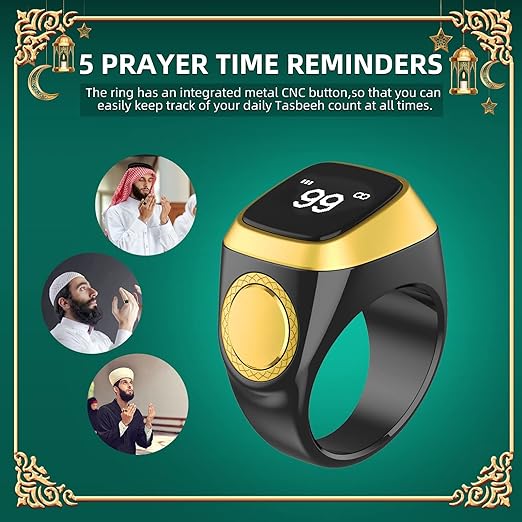 Equantu Qibla Ring Tasbih Counter Prayer Reminder – خاتم التسبيح الذكي مع تحديد القبلة وتذكير الصلاة من إيكوانتو
