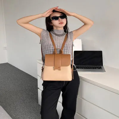 Brown and Beige Leather Women's Backpack حقيبة ظهر نسائية من الجلد البني والبيج