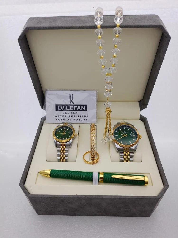 Men's Stainless Steel Gift Set – ساعة، مسبحة، قلم، وأزرار أكمام من الستانلس ستيل