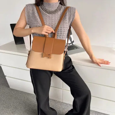 Brown and Beige Leather Women's Backpack حقيبة ظهر نسائية من الجلد البني والبيج