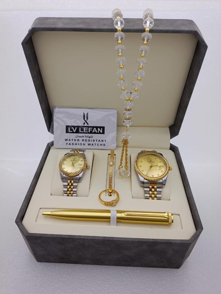 Men's Stainless Steel Gift Set – ساعة، مسبحة، قلم، وأزرار أكمام من الستانلس ستيل