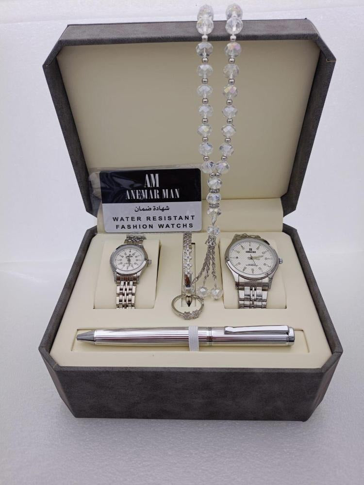 Men's Stainless Steel Gift Set – ساعة، مسبحة، قلم، وأزرار أكمام من الستانلس ستيل