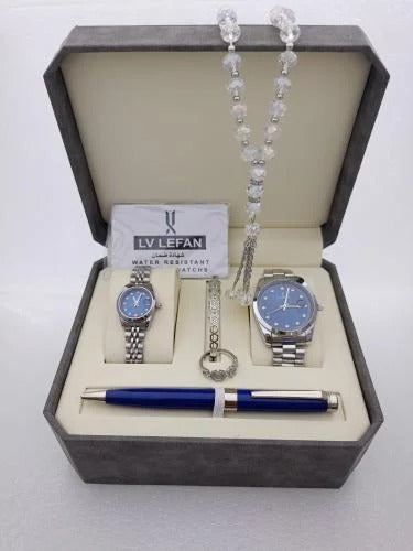 Men's Stainless Steel Gift Set – ساعة، مسبحة، قلم، وأزرار أكمام من الستانلس ستيل